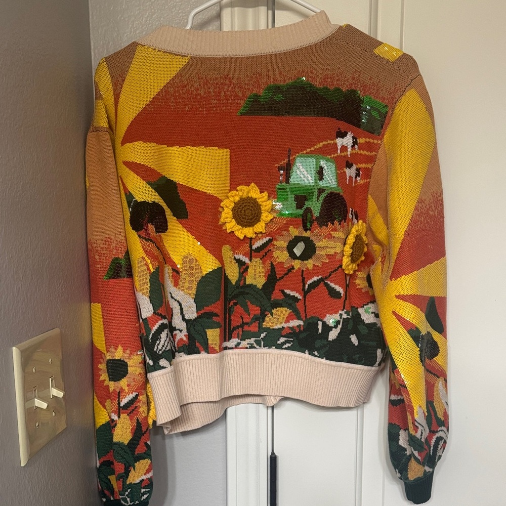 QUEEN OF SPARKLES Yellow Beige Multicolor Sunflower Sequin Cardigan - Picture 4 of 4